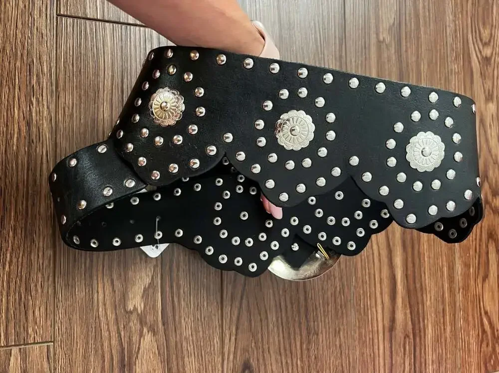 Free People Studded Crescent Moon Buckle Belt Black